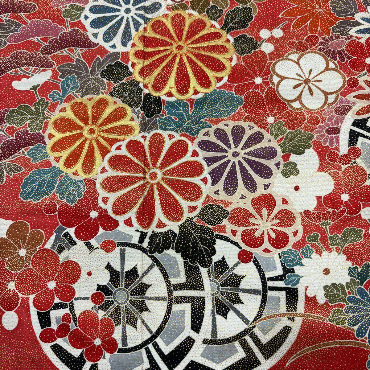 【美品】振袖禮服 身長163.5cm 袖長64cm M 雙層 花車 菊花 金絲 金銀彩 茜 純蠶絲 名品級