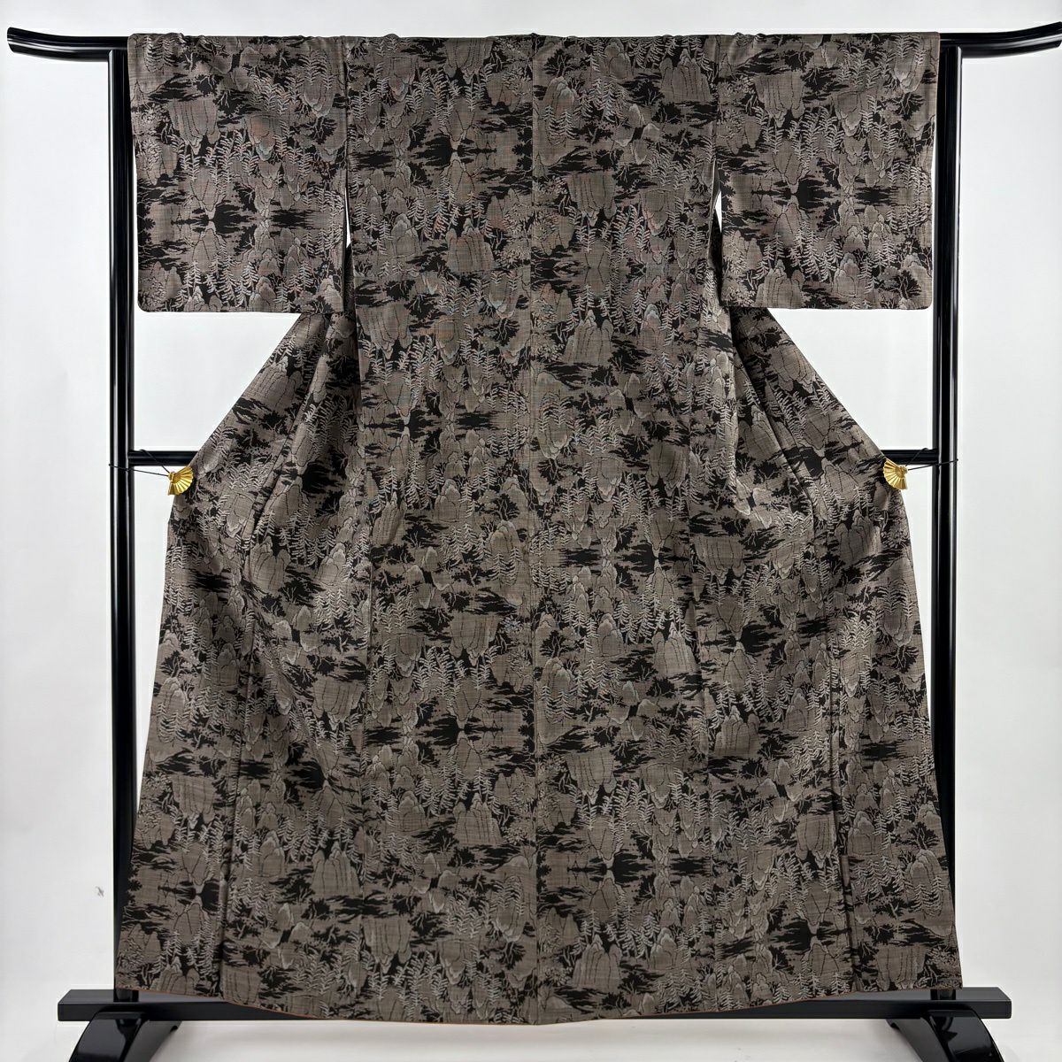 紬織 身長160.5cm 袖長63.5cm S 雙層 岩山 樹木 焦茶 純蠶絲 名品級