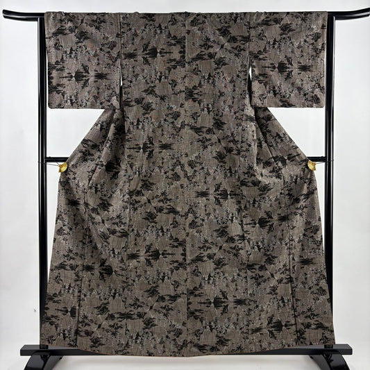 紬織 身長160.5cm 袖長63.5cm S 雙層 岩山 樹木 焦茶 純蠶絲 名品級