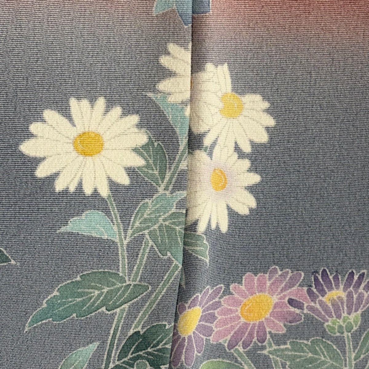 訪問服 身長156cm 袖長65cm M 雙層 阿部佳雪 落款 草花紋紋 雪芝 染分 逐漸變化 粉米色 純蠶絲 名品級