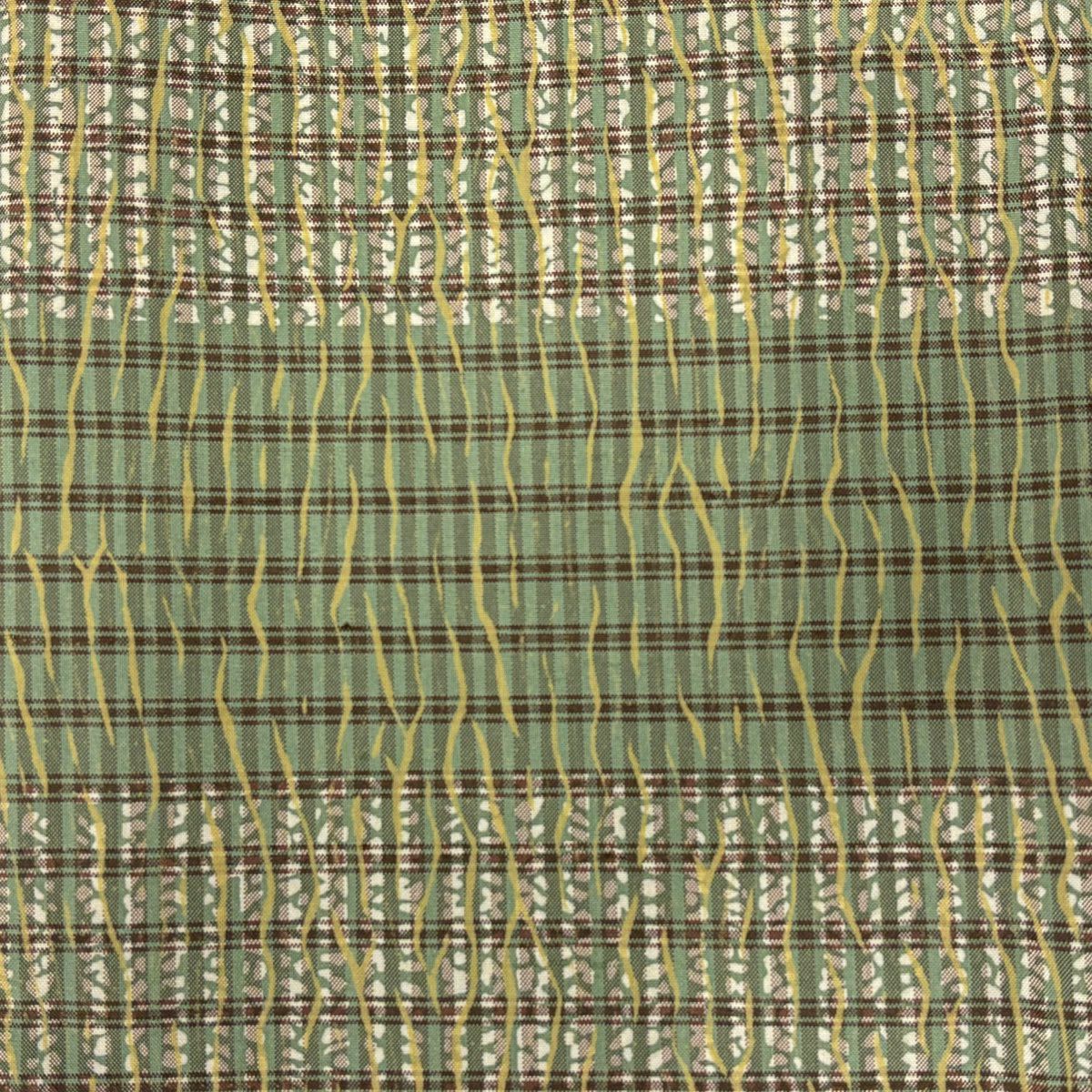 【美品】 小紋 身長159.5cm 袖長62.5cm S 雙層 紬織織 落款あり 橫條 幾何圖案 艾草綠 純蠶絲 名品級