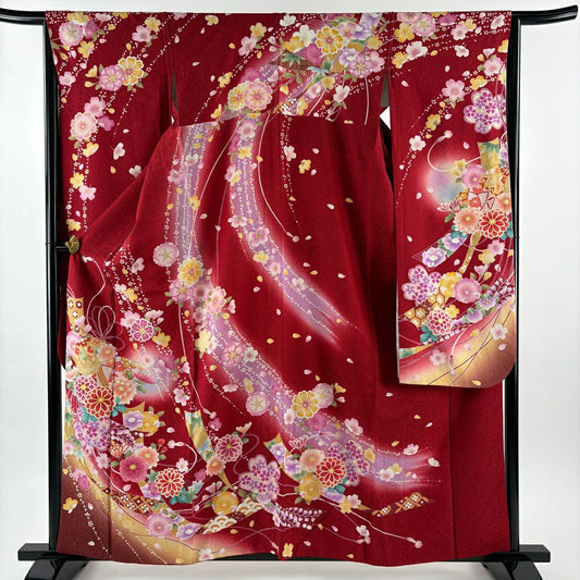 【美品】振袖禮服 身長160cm 袖長65cm M 雙層 手鞠 草花紋紋 金銀彩 刺繡 紅 純蠶絲 名品級