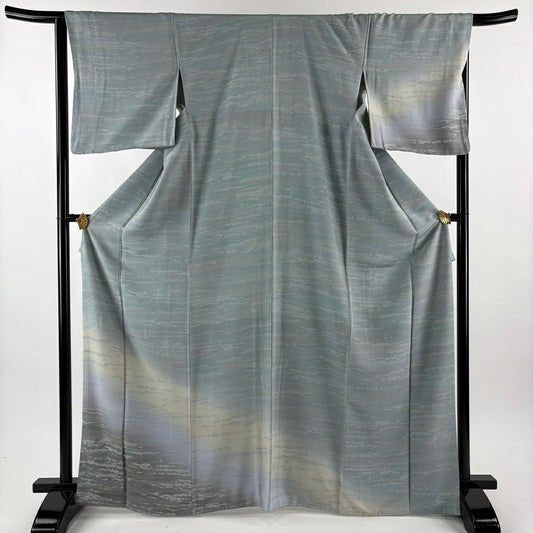 【美品】 付下 身長167.5cm 袖長66cm M 雙層 霞 漸層 青灰 純蠶絲 名品級
