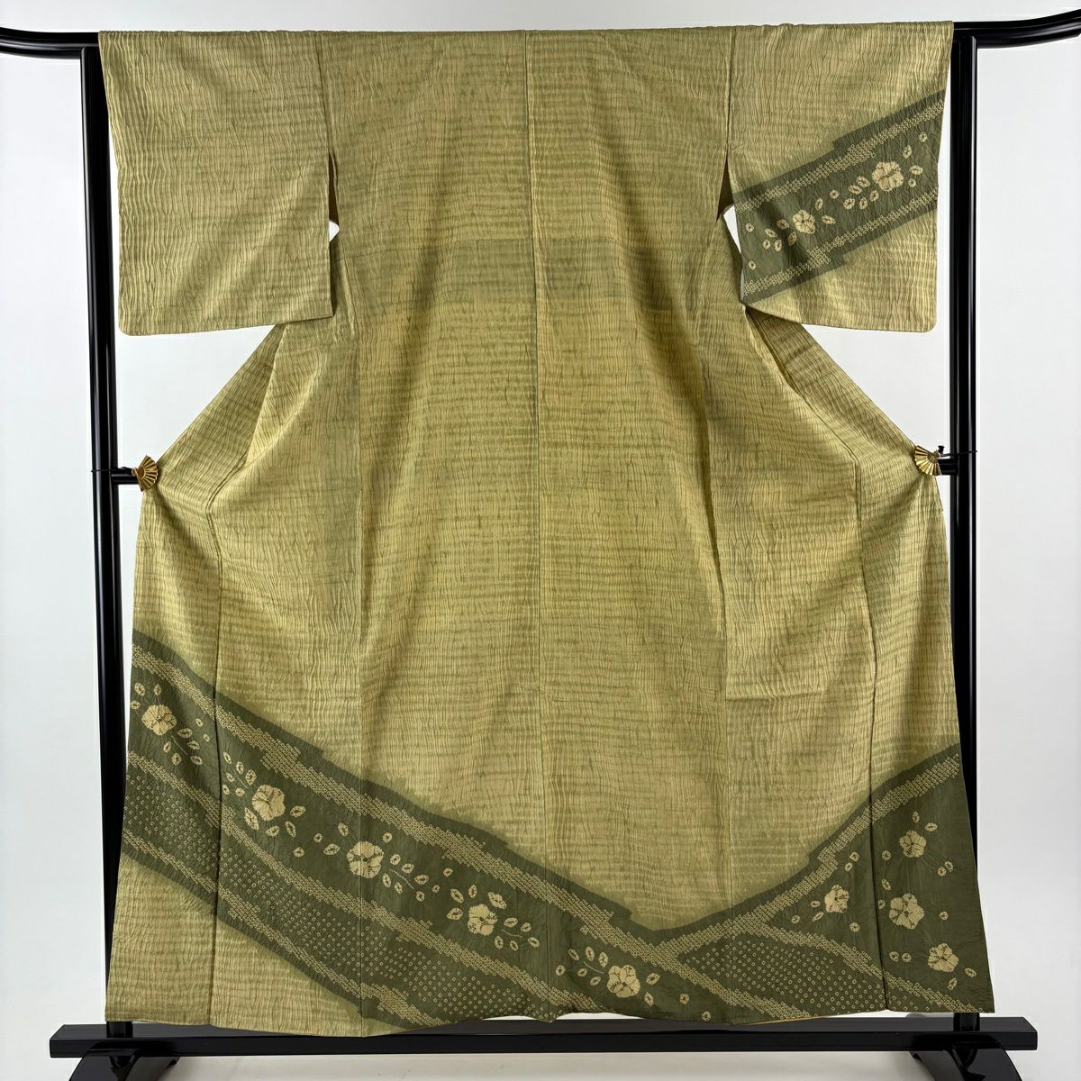 【美品】 付下 身長158.5cm 袖長63.5cm S 雙層 大島紬織地 梅花 幾何學 絞染 鶯色 純蠶絲 名品級