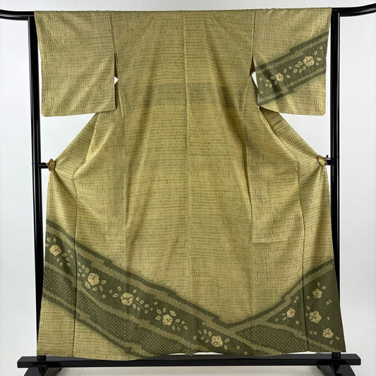 【美品】 付下 身長158.5cm 袖長63.5cm S 雙層 大島紬織地 梅花 幾何學 絞染 鶯色 純蠶絲 名品級