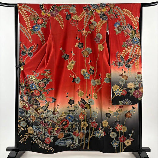 振袖禮服 身長160.5cm 袖長64.5cm M 雙層 宮崎良次 落款あり 鴛鴦 菊花 辻花染 漸層 紅 純蠶絲 名品級