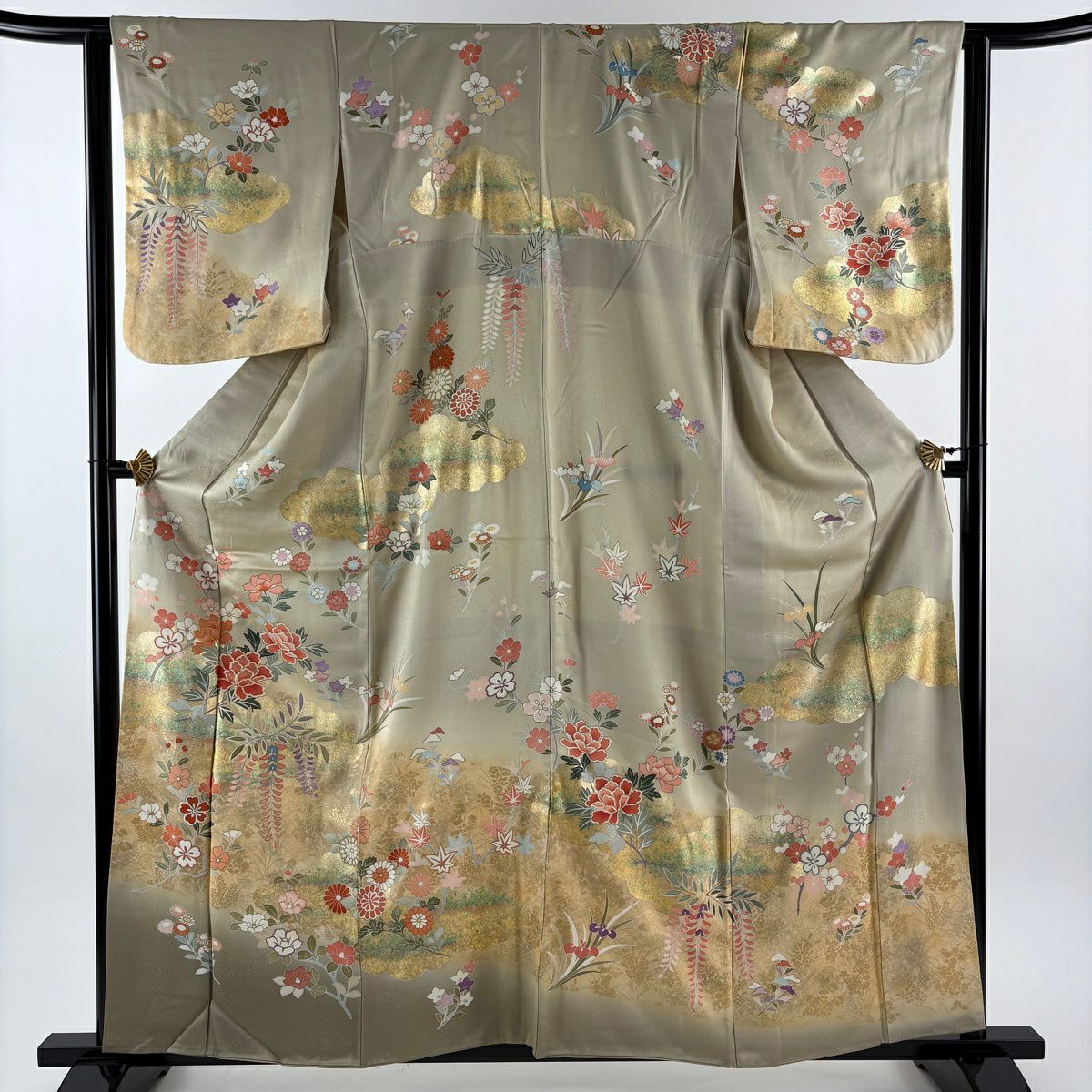 訪問服 身長159.5cm 袖長63.5cm S 雙層 牡丹 椿 金絲 金銀彩 灰綠 純蠶絲 名品級