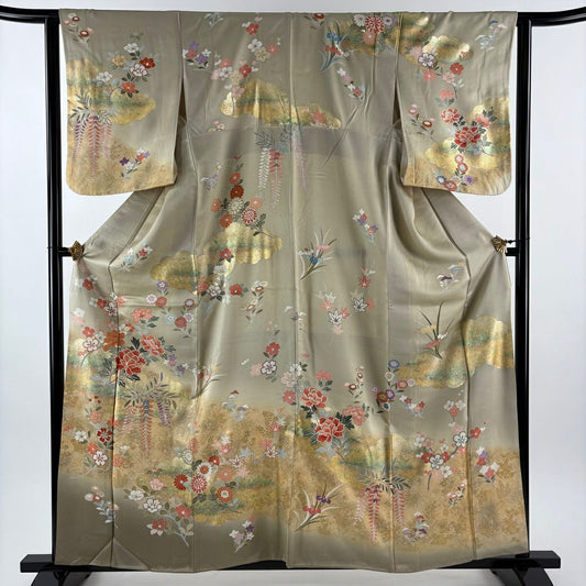 訪問服 身長159.5cm 袖長63.5cm S 雙層 牡丹 椿 金絲 金銀彩 灰綠 純蠶絲 名品級