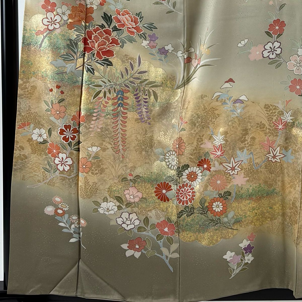 訪問服 身長159.5cm 袖長63.5cm S 雙層 牡丹 椿 金絲 金銀彩 灰綠 純蠶絲 名品級