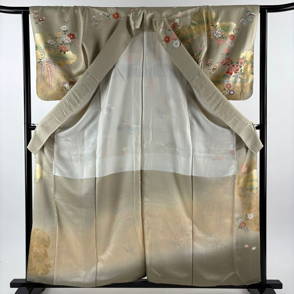 訪問服 身長159.5cm 袖長63.5cm S 雙層 牡丹 椿 金絲 金銀彩 灰綠 純蠶絲 名品級