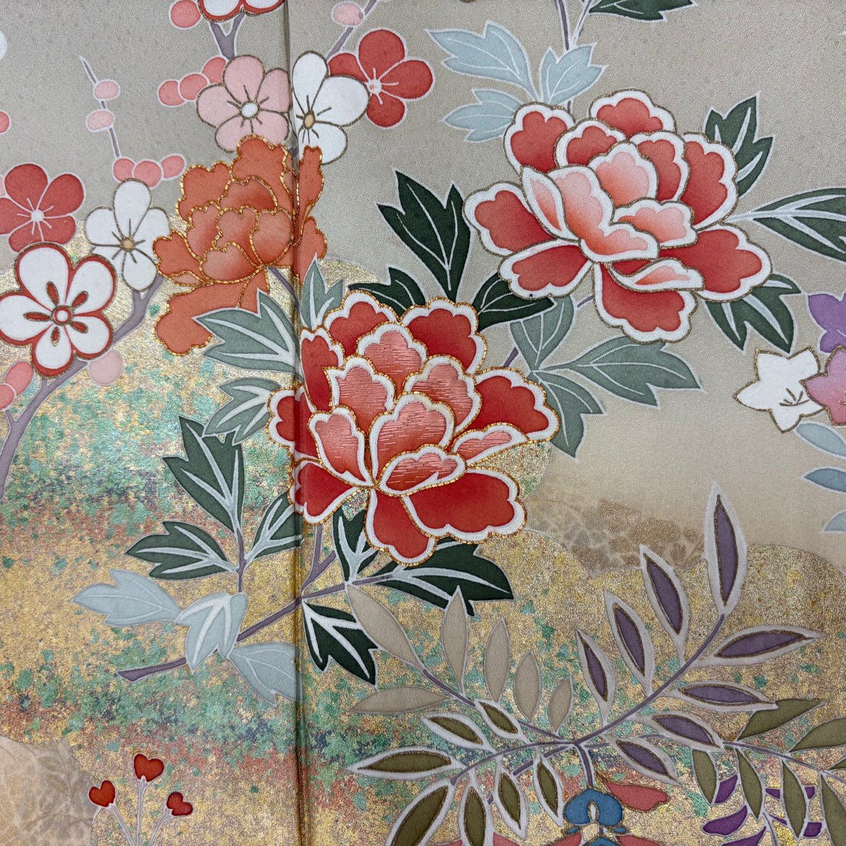 訪問服 身長159.5cm 袖長63.5cm S 雙層 牡丹 椿 金絲 金銀彩 灰綠 純蠶絲 名品級