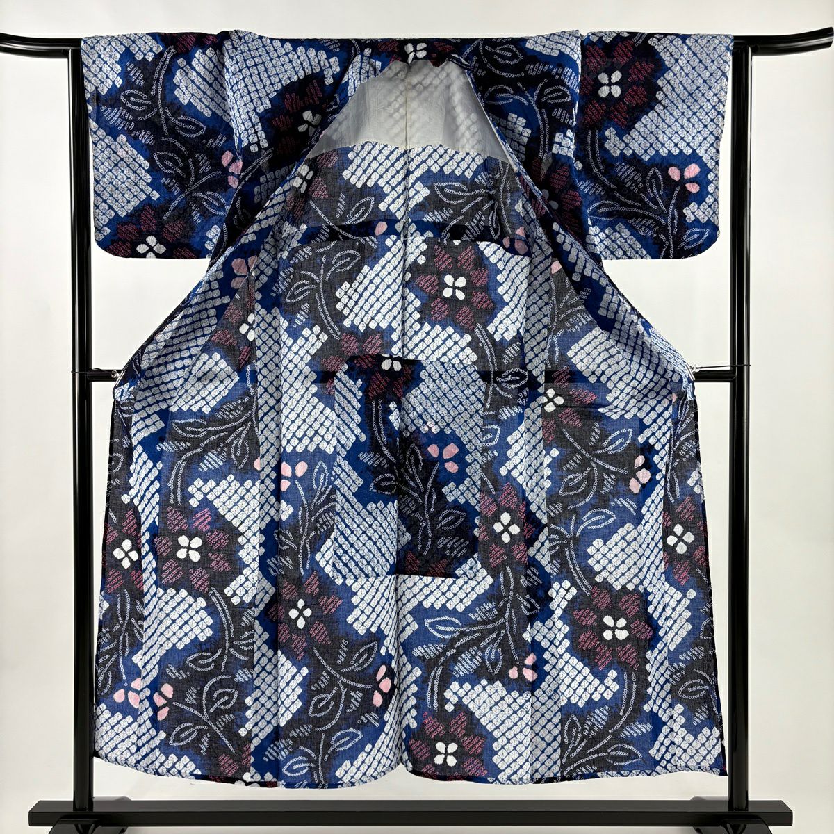 浴衣 身長151.5cm 袖長64cm M 絞染浴衣 草花紋紋 青 純棉 名品級