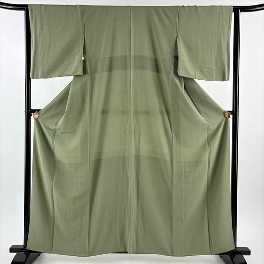 【美品】 小紋 身長160cm 袖長63.5cm S 雙層 落款あり 格子 薄綠 純蠶絲 名品級