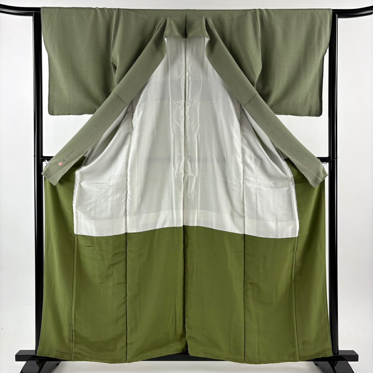 【美品】 小紋 身長160cm 袖長63.5cm S 雙層 落款あり 格子 薄綠 純蠶絲 名品級