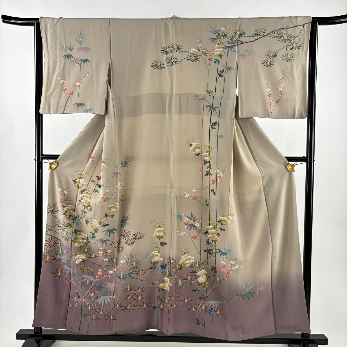 訪問服 身長154.5cm 袖長63.5cm S 雙層 前川哲 落款あり 松樹竹子梅花 菊花 漸層 灰茶 純蠶絲 名品級