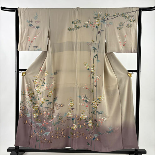 訪問服 身長154.5cm 袖長63.5cm S 雙層 前川哲 落款あり 松樹竹子梅花 菊花 漸層 灰茶 純蠶絲 名品級