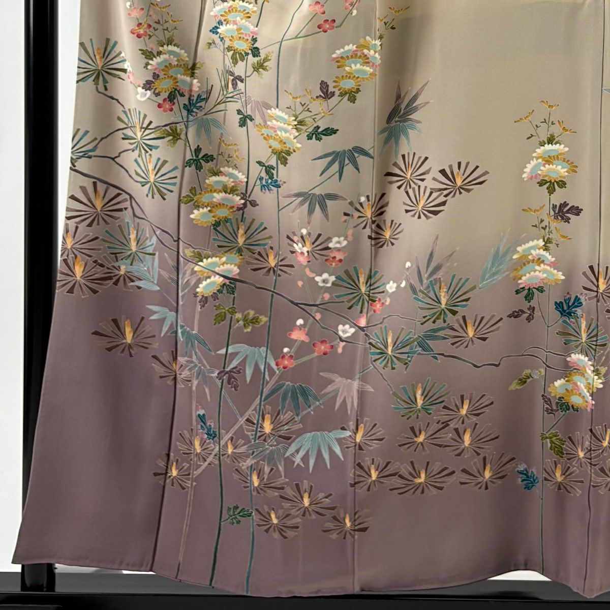 訪問服 身長154.5cm 袖長63.5cm S 雙層 前川哲 落款あり 松樹竹子梅花 菊花 漸層 灰茶 純蠶絲 名品級