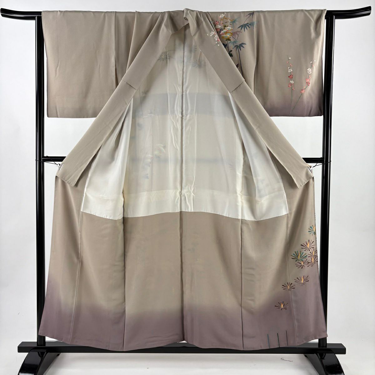 訪問服 身長154.5cm 袖長63.5cm S 雙層 前川哲 落款あり 松樹竹子梅花 菊花 漸層 灰茶 純蠶絲 名品級