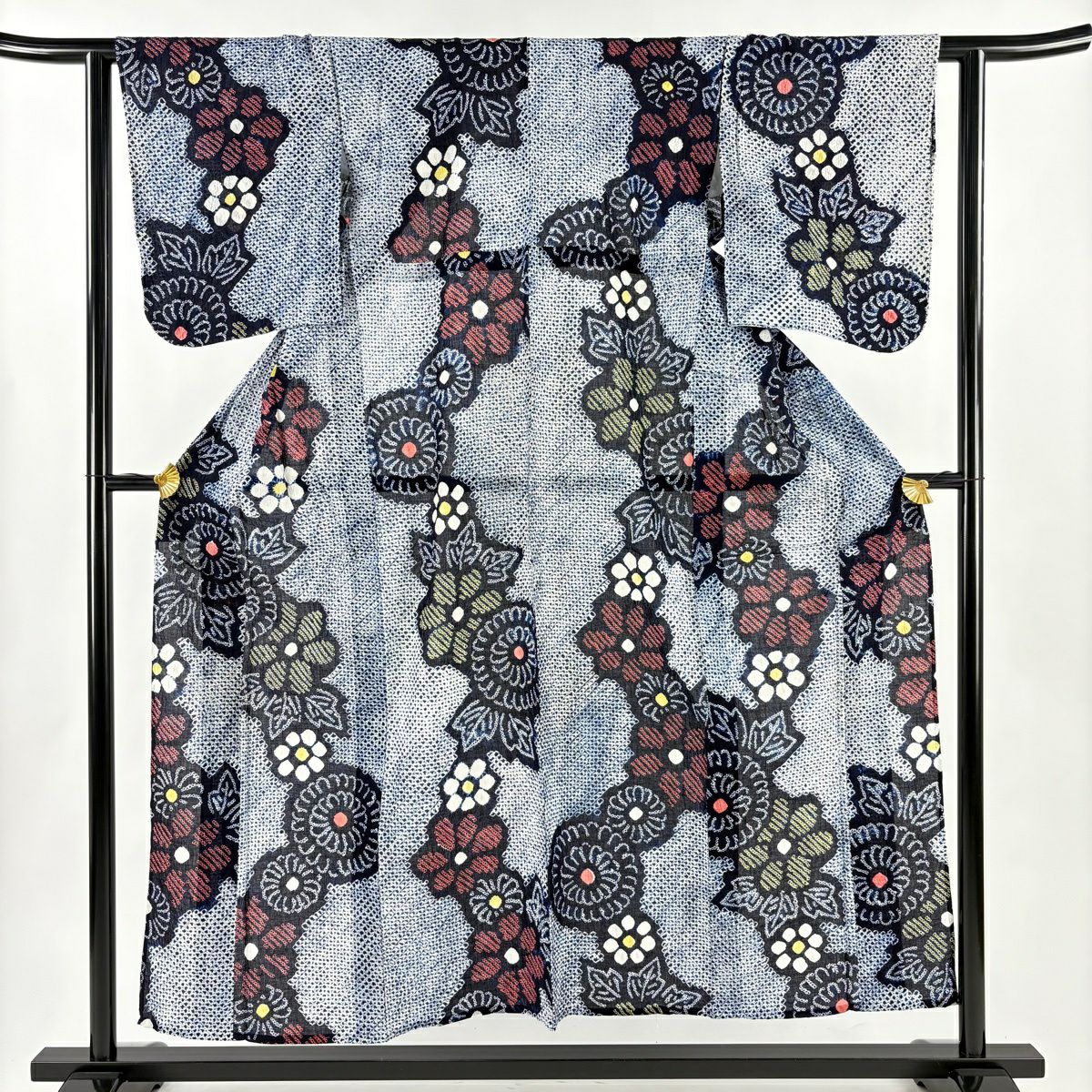 浴衣 身長152cm 袖長61cm S 絞染浴衣 菊花 深藍 純棉 名品級
