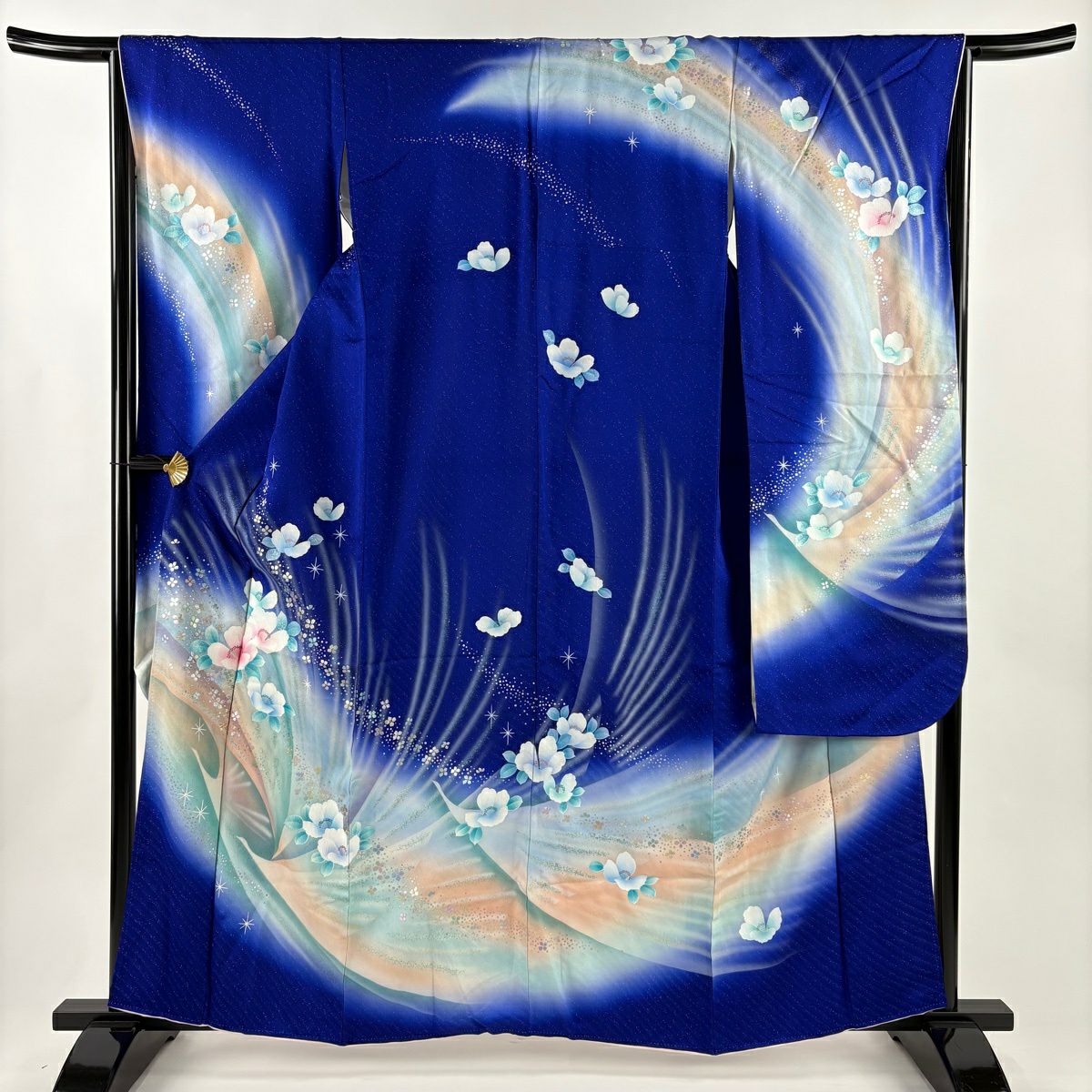 振袖禮服 身長160cm 袖長65.5cm M 雙層 椿 鳥 金銀彩 銀通 青 純蠶絲 名品級