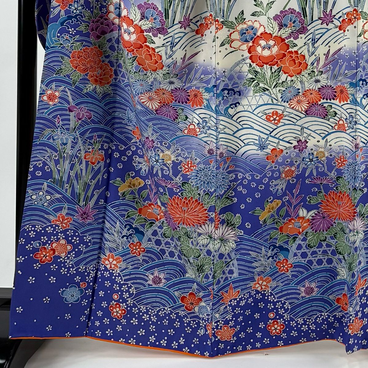 振袖禮服 身長164cm 袖長67cm M 雙層 草花紋紋 波紋 染分 青紫 純蠶絲 名品級