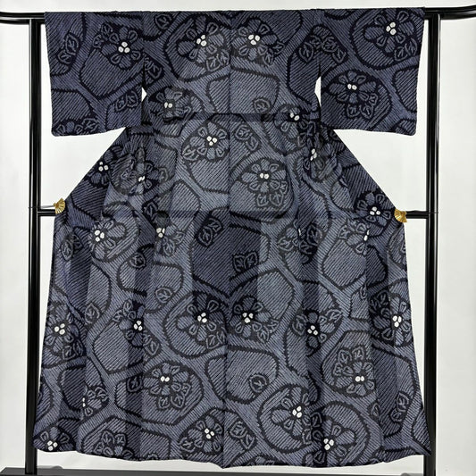 浴衣 身長151.5cm 袖長61.5cm S 絞染浴衣 草花紋 純蠶絲 名品級