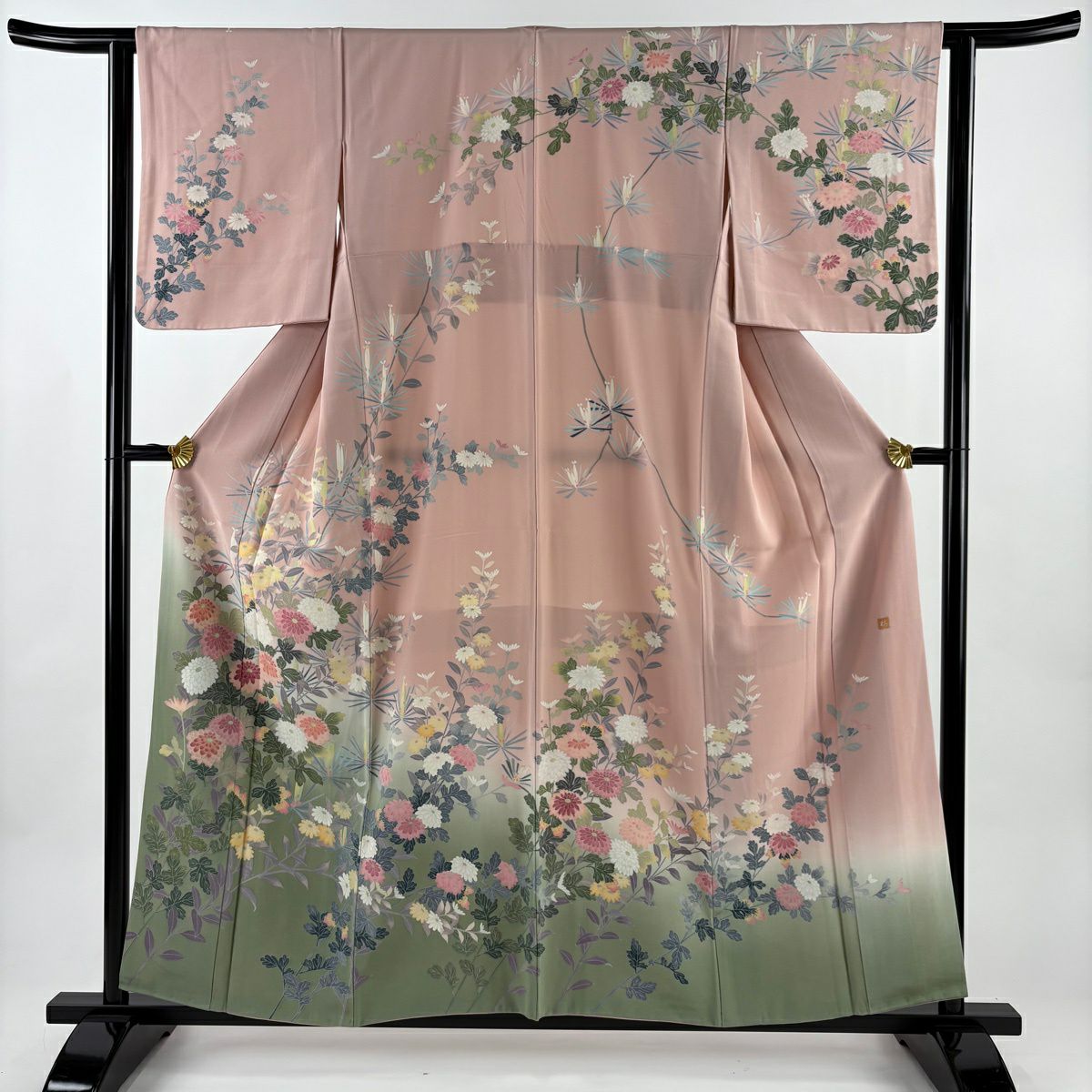 【美品】訪問服 身長156.5cm 袖長62cm S 雙層 落款あり 菊花 若松樹 染分 ぼかし 粉紅 純蠶絲 名品級 一つ紋