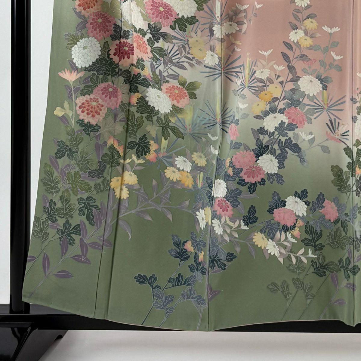 【美品】訪問服 身長156.5cm 袖長62cm S 雙層 落款あり 菊花 若松樹 染分 ぼかし 粉紅 純蠶絲 名品級 一つ紋