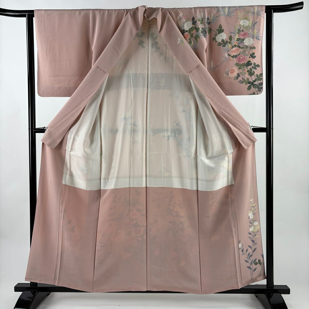 【美品】訪問服 身長156.5cm 袖長62cm S 雙層 落款あり 菊花 若松樹 染分 ぼかし 粉紅 純蠶絲 名品級 一つ紋