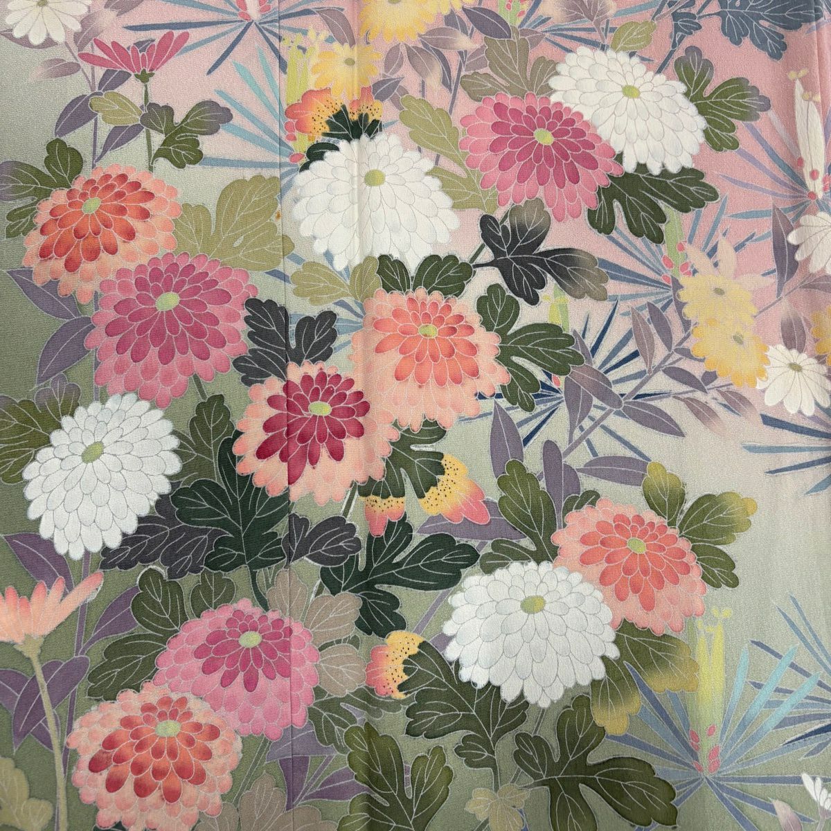 【美品】訪問服 身長156.5cm 袖長62cm S 雙層 落款あり 菊花 若松樹 染分 ぼかし 粉紅 純蠶絲 名品級 一つ紋