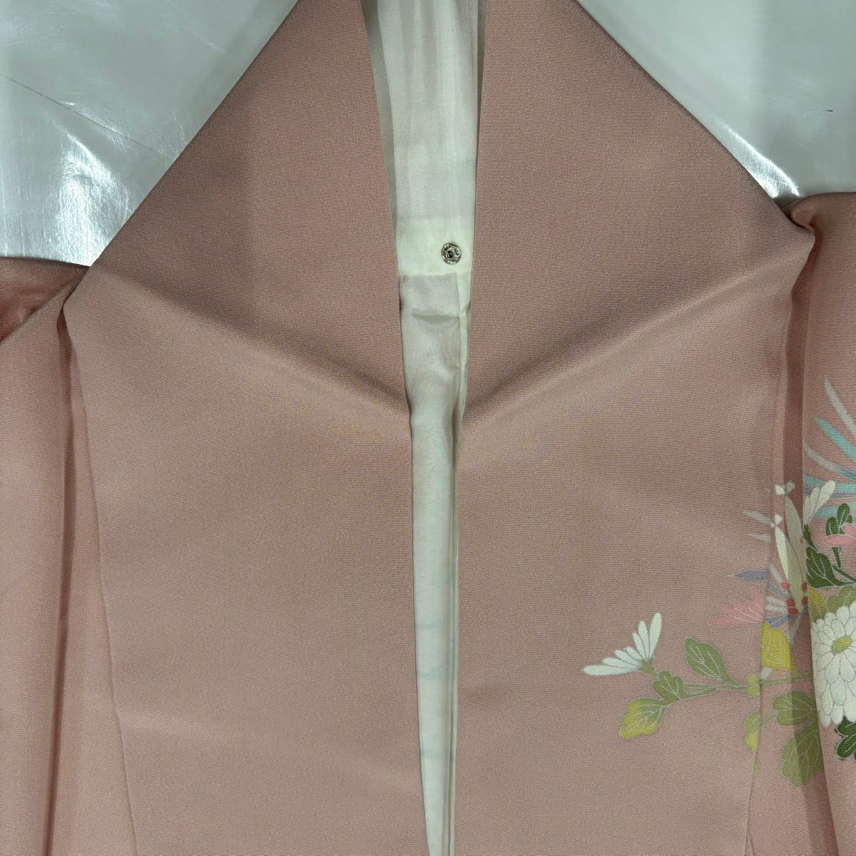 【美品】訪問服 身長156.5cm 袖長62cm S 雙層 落款あり 菊花 若松樹 染分 ぼかし 粉紅 純蠶絲 名品級 一つ紋