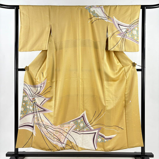 【美品】訪問服 身長154.5cm 袖長62cm S 雙層 吾妻德穗 落款あり 花唐草紋 熨斗紋 金銀彩 芥末色 純蠶絲 名品級 一つ紋
