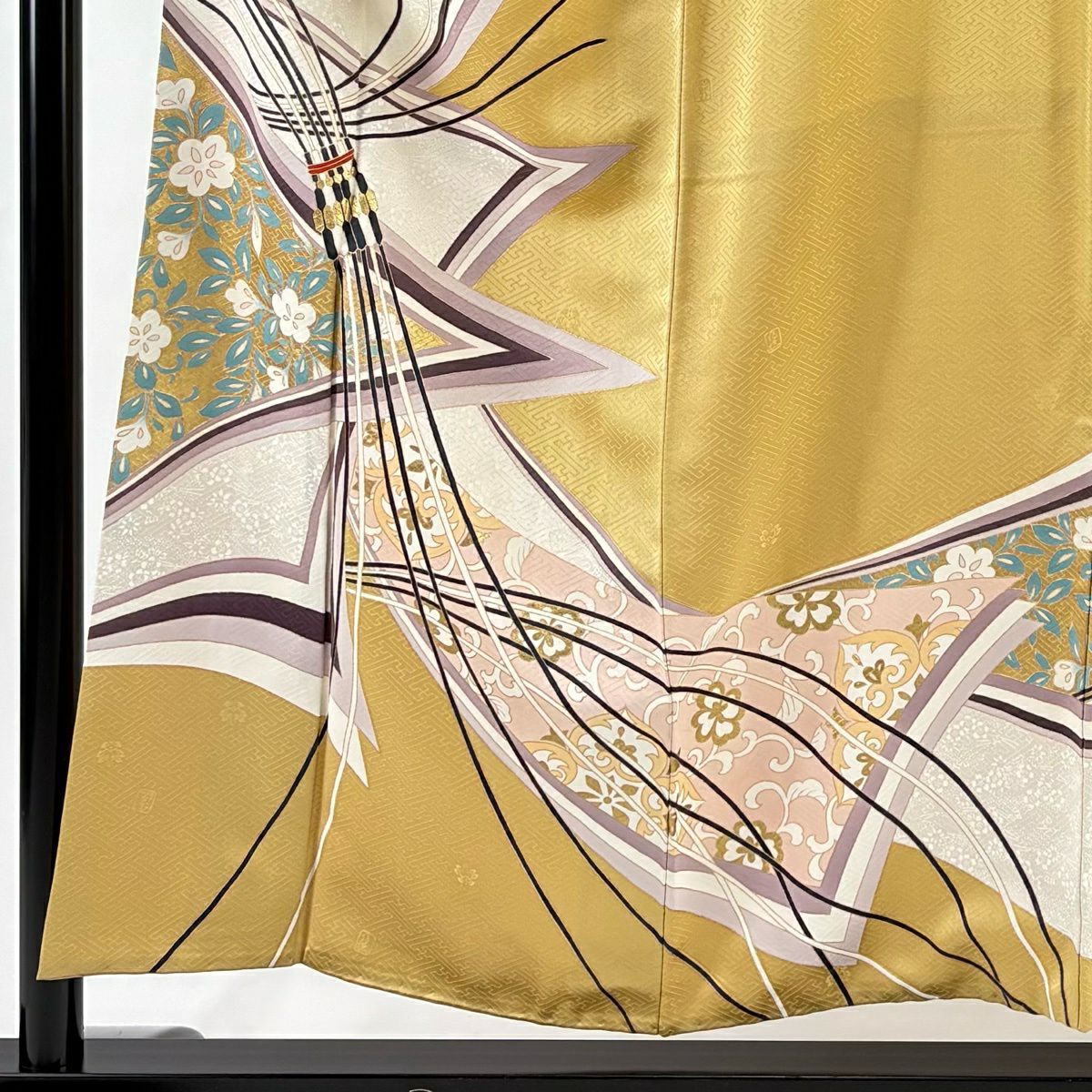 【美品】訪問服 身長154.5cm 袖長62cm S 雙層 吾妻德穗 落款あり 花唐草紋 熨斗紋 金銀彩 芥末色 純蠶絲 名品級 一つ紋