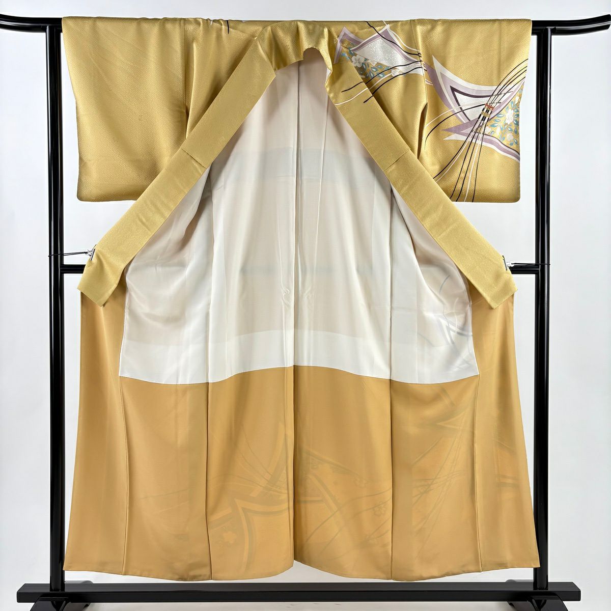 【美品】訪問服 身長154.5cm 袖長62cm S 雙層 吾妻德穗 落款あり 花唐草紋 熨斗紋 金銀彩 芥末色 純蠶絲 名品級 一つ紋