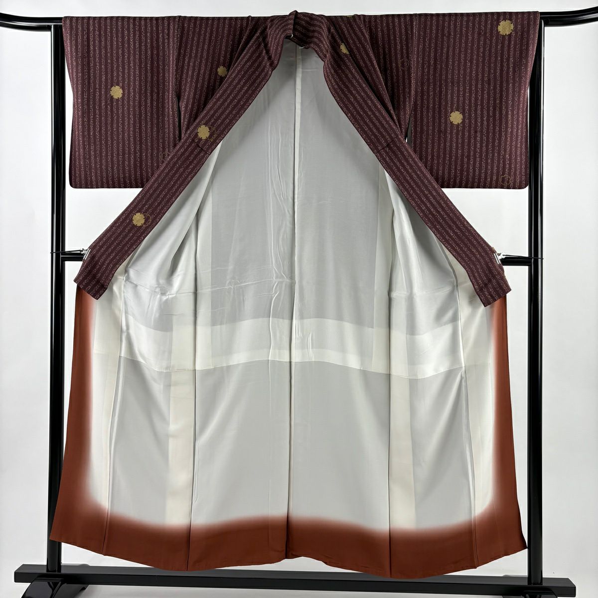 【美品】 小紋 身長153cm 袖長64.5cm M 雙層 坂東三津五郎 落款あり 雪輪 縞 小豆 純蠶絲 名品級