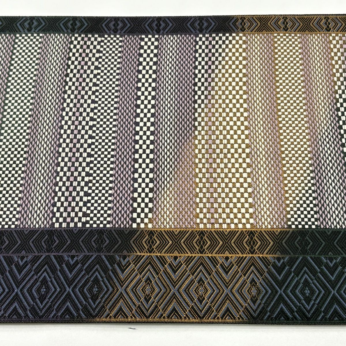 【美品】 袋帶 逸品級 縞 入子菱 金金箔 濃紫 六通 純蠶絲