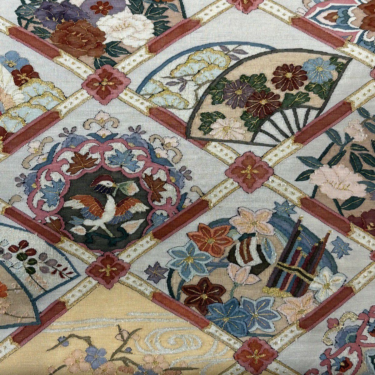 袋帶 逸品級 花鳥 扇子 金銀彩 薄橙色 大鼓圖案 純蠶絲