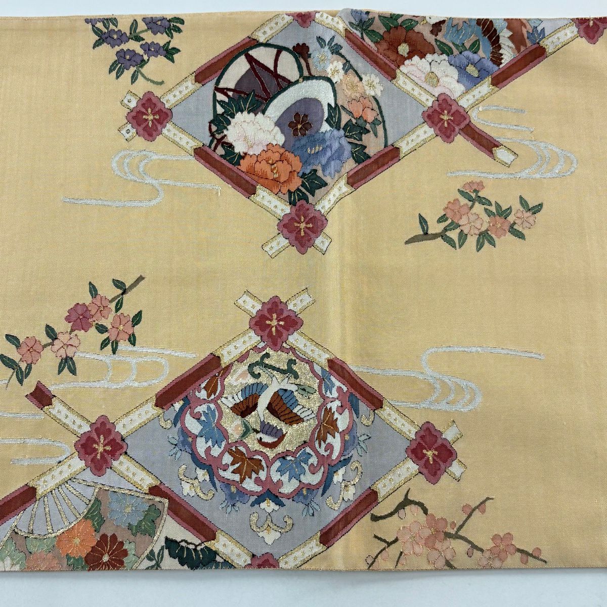袋帶 逸品級 花鳥 扇子 金銀彩 薄橙色 大鼓圖案 純蠶絲