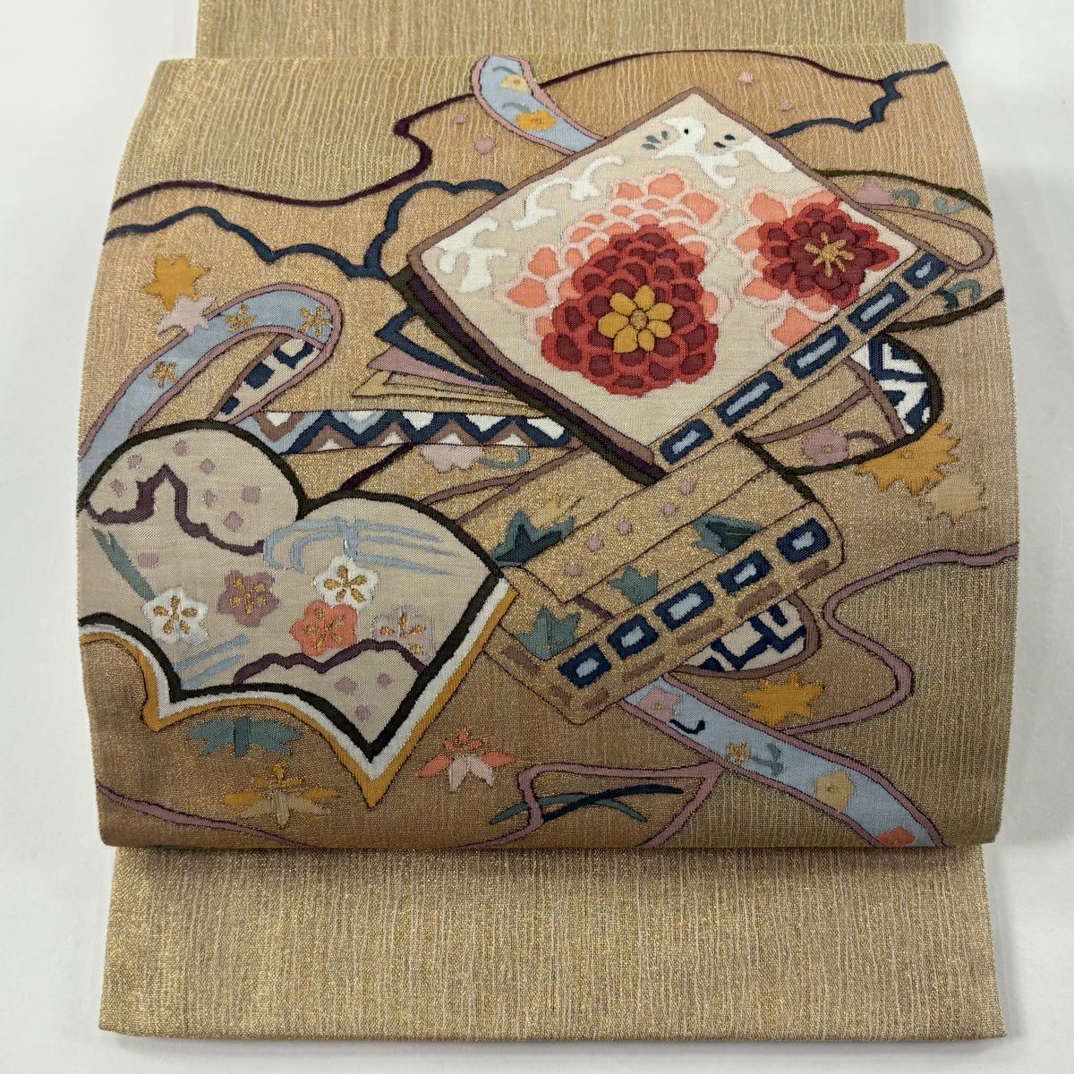 【美品】 袋帶 逸品級 冊子 草花紋 金絲 金色 大鼓圖案 純蠶絲
