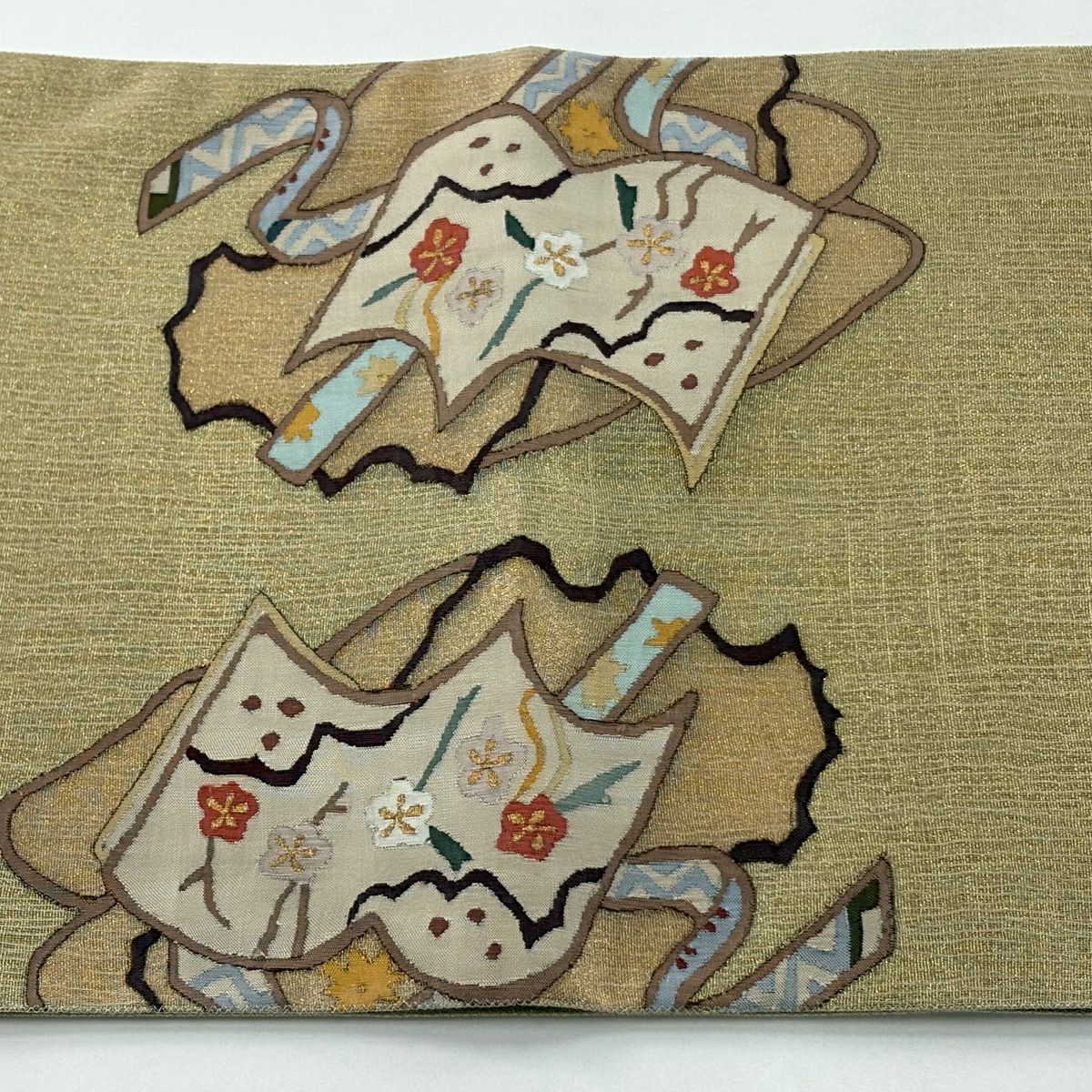 【美品】 袋帶 逸品級 冊子 草花紋 金絲 金色 大鼓圖案 純蠶絲