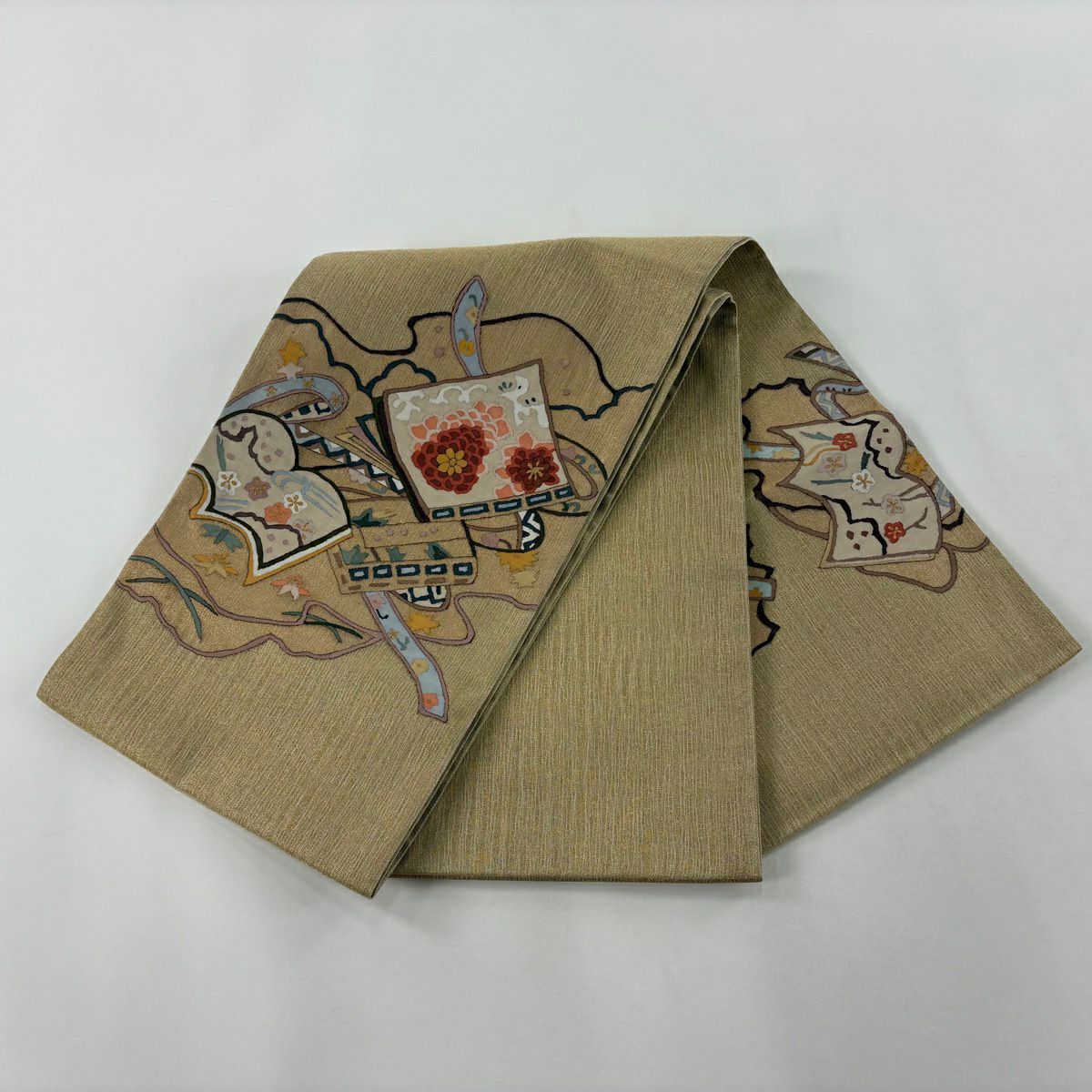 【美品】 袋帶 逸品級 冊子 草花紋 金絲 金色 大鼓圖案 純蠶絲