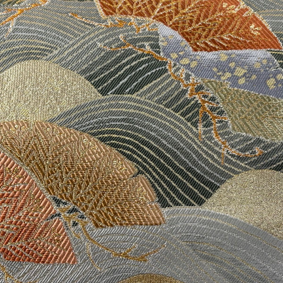 【美品】 袋帶 逸品級 笠松樹 波 金銀糸 金金箔 灰綠 六通 純蠶絲