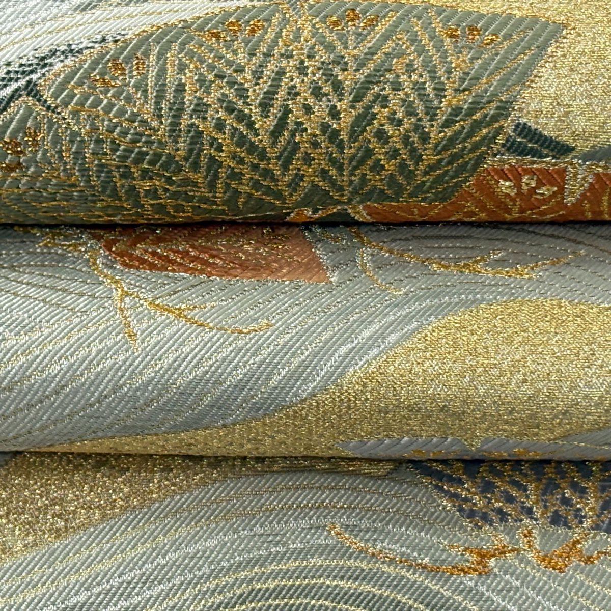 【美品】 袋帶 逸品級 笠松樹 波 金銀糸 金金箔 灰綠 六通 純蠶絲