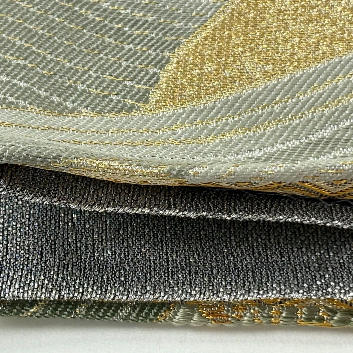 【美品】 袋帶 逸品級 笠松樹 波 金銀糸 金金箔 灰綠 六通 純蠶絲