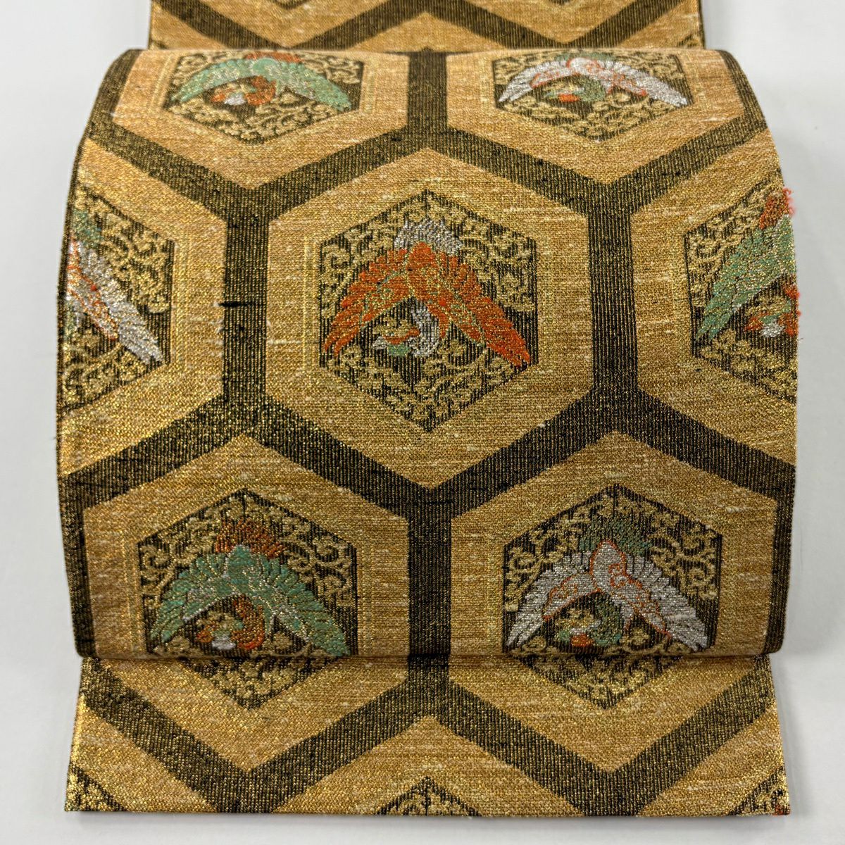 【美品】 袋帶 逸品級 桝屋高尾 落款あり ねん金綴錦 龜甲鳳凰文 龜甲 花鳥 金銀糸 金金箔 金色 六通 純蠶絲