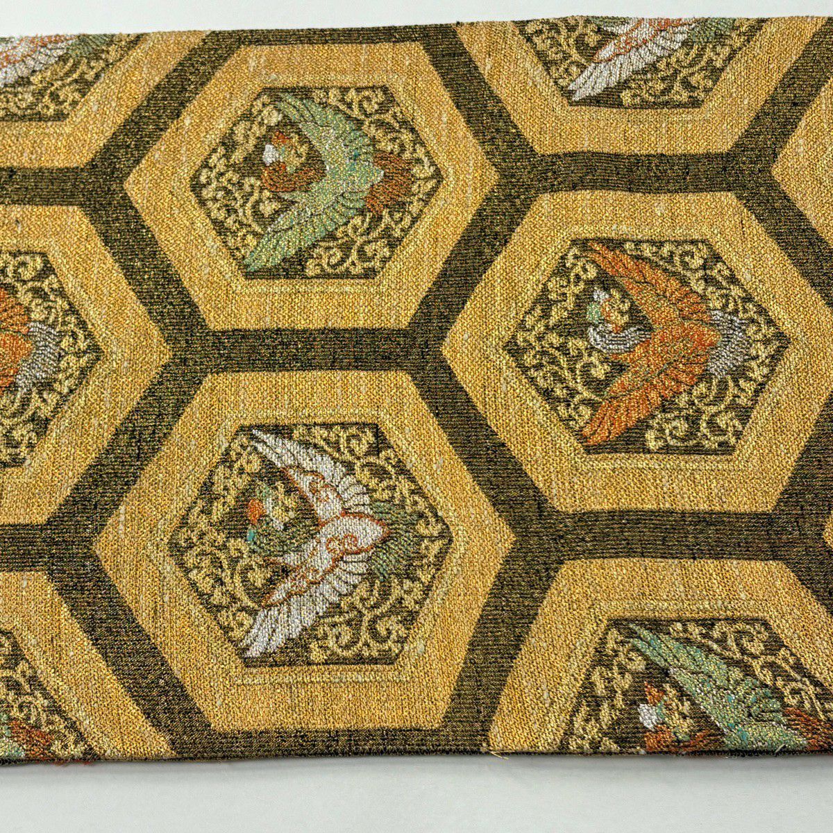 【美品】 袋帶 逸品級 桝屋高尾 落款あり ねん金綴錦 龜甲鳳凰文 龜甲 花鳥 金銀糸 金金箔 金色 六通 純蠶絲