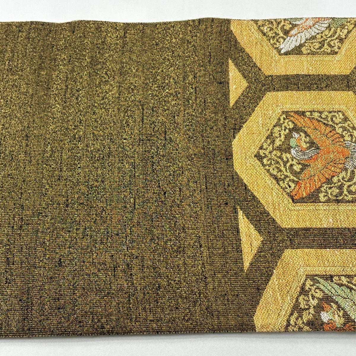 【美品】 袋帶 逸品級 桝屋高尾 落款あり ねん金綴錦 龜甲鳳凰文 龜甲 花鳥 金銀糸 金金箔 金色 六通 純蠶絲