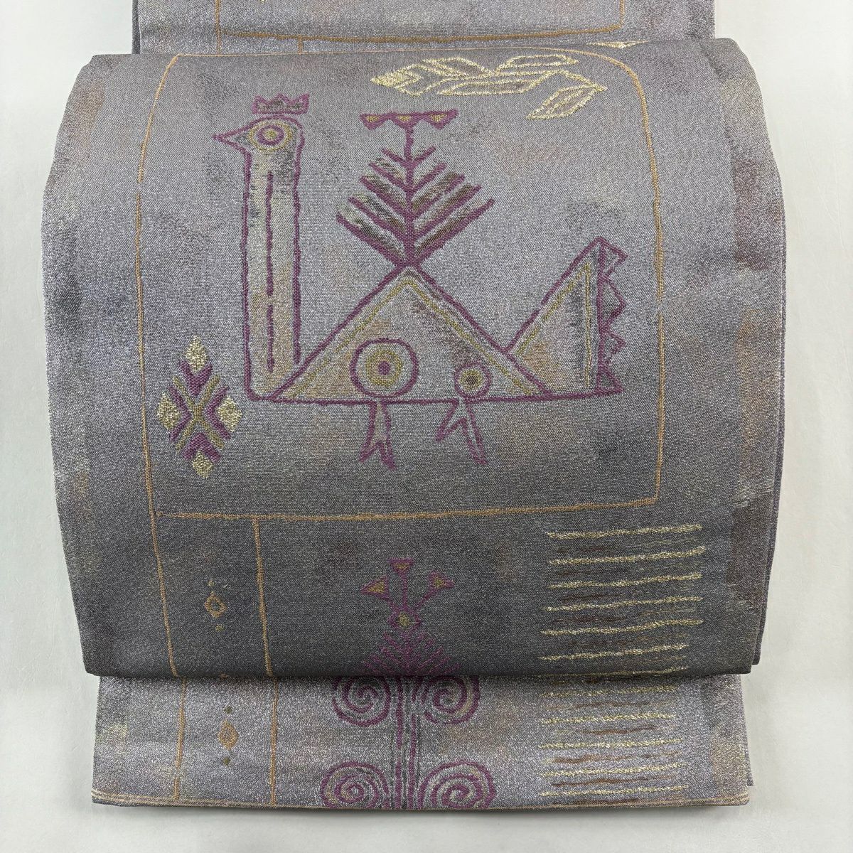 【美品】 袋帶 逸品級 帝王紫 落款 鳥 幾何學 金絲 金金箔 灰紫 六通 純蠶絲