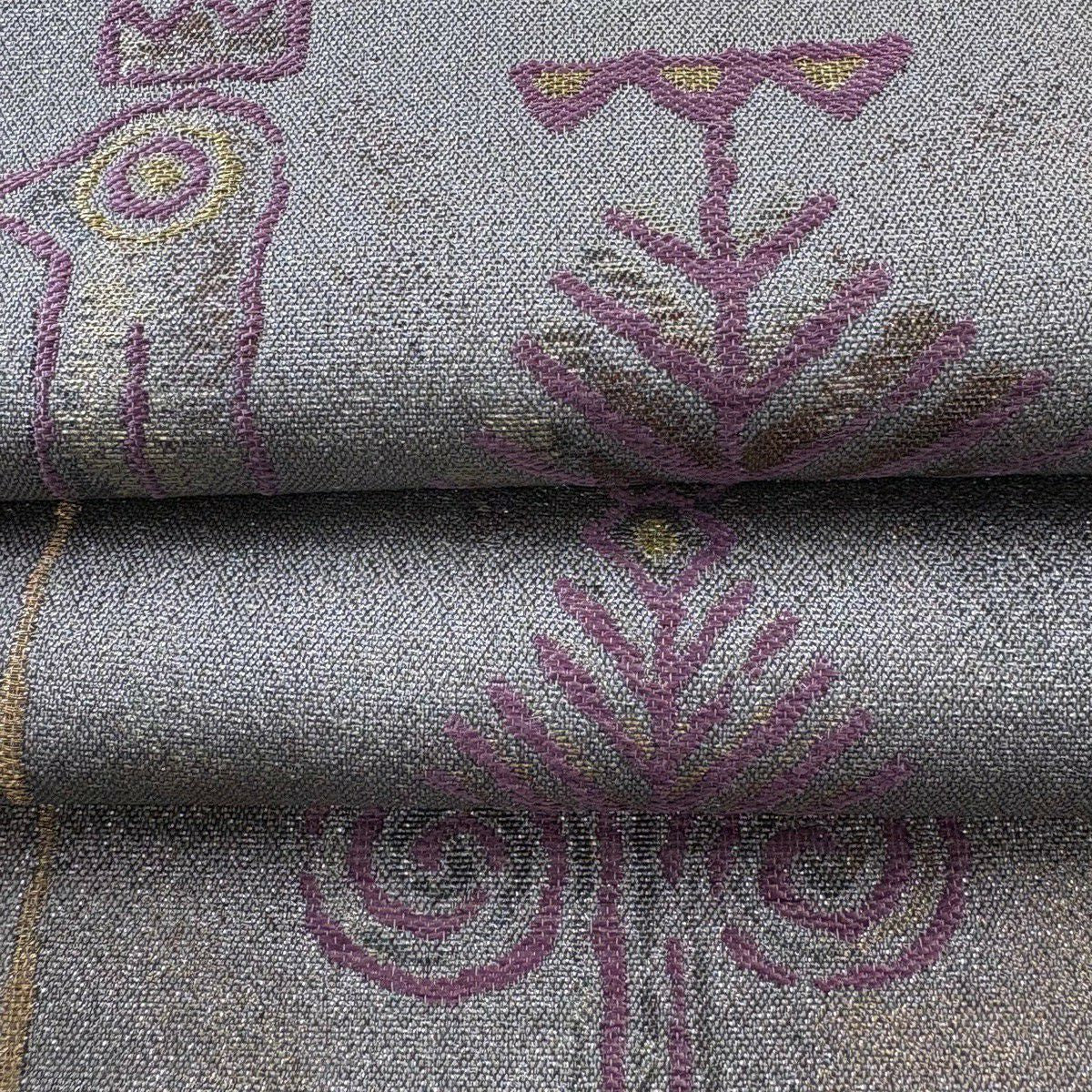 【美品】 袋帶 逸品級 帝王紫 落款 鳥 幾何學 金絲 金金箔 灰紫 六通 純蠶絲