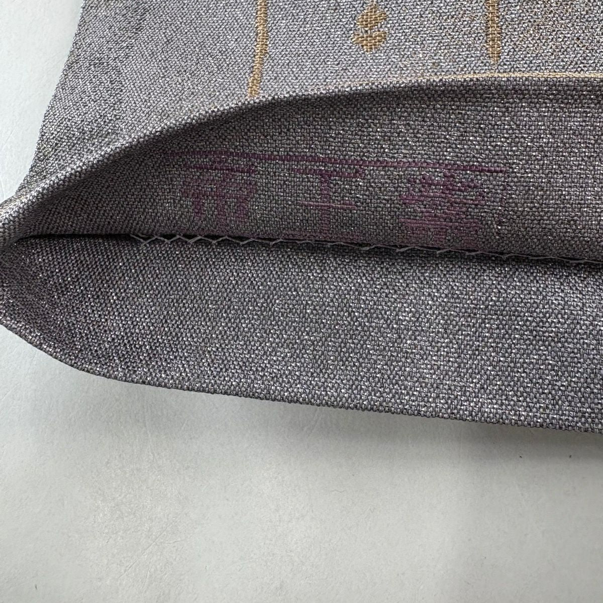 【美品】 袋帶 逸品級 帝王紫 落款 鳥 幾何學 金絲 金金箔 灰紫 六通 純蠶絲